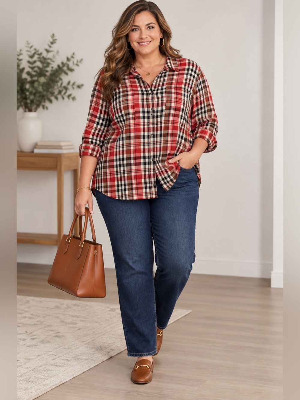 Lane Bryant Shirt Top Plus 22 24 Plaid Button Down Roll Tab Sleeves Rayon